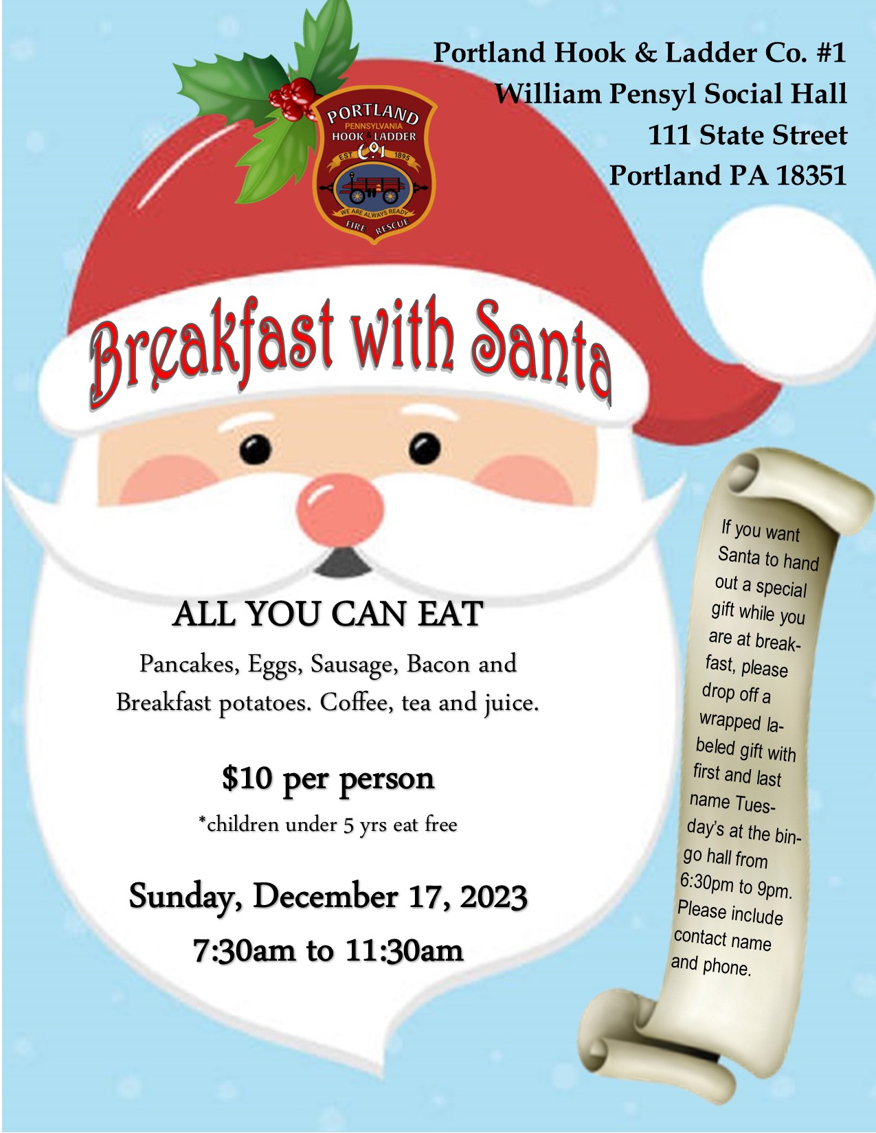 Breakfast with Santa 2024 Portland Hook & Ladder Co. 1, Portland PA